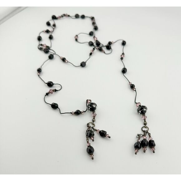 Vintage Lariat Necklace Black Pink Beads Glam Sparkle Boho Goth Luxury Versatile - Picture 5 of 7